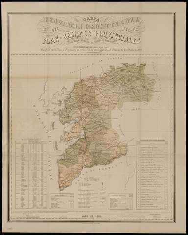 Carta de la Provincia de Pontevedra. Plan de caminos provinciales, además de las carreteras del Estado y ferrocarriles. Manuel de la Fuente. 1880