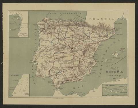 Mapa de España y Portugal y posesiones españolas. I. Vega. 1907