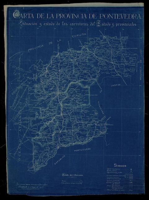 Carta de la provincia de Pontevedra situación y estado de las carreteras del Estado y provinciales.S. Vizcaino. 1917